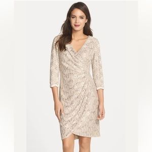 Alex Evenings Beige Sequin Lace Midi Dress with 3/4 Sleeves